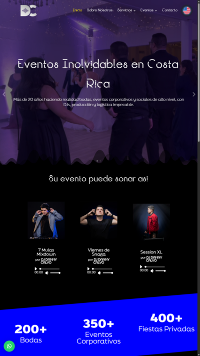 Página promocional de empresa de eventos con imagen de DJ y servicios de producción audiovisual en Costa Rica.