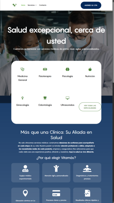 Diseño de sitio web para clínica médica con secciones de especialidades, atención de salud y agenda de citas.